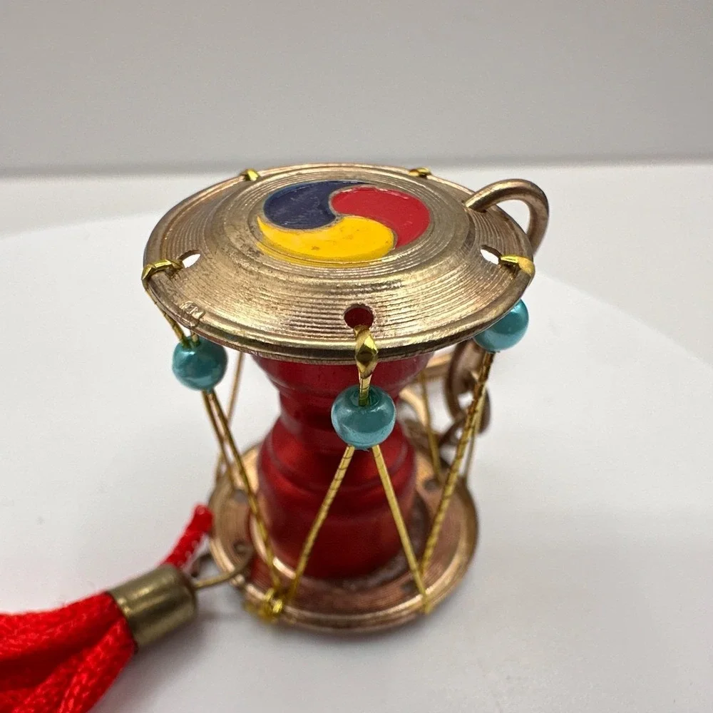 Vintage 90s‎ Korean Janggu Drum Keychain Red Tassel Blue Bead Traditional Style